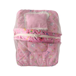 Baby Bed with Thick Mattress, Mosquito Net with Zip Closure & Neck Pillow, Baby Bedding for New Born,0-6 Month  (Pink)
