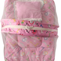 Baby Bed with Thick Mattress, Mosquito Net with Zip Closure & Neck Pillow, Baby Bedding for New Born,0-6 Month  (Pink)